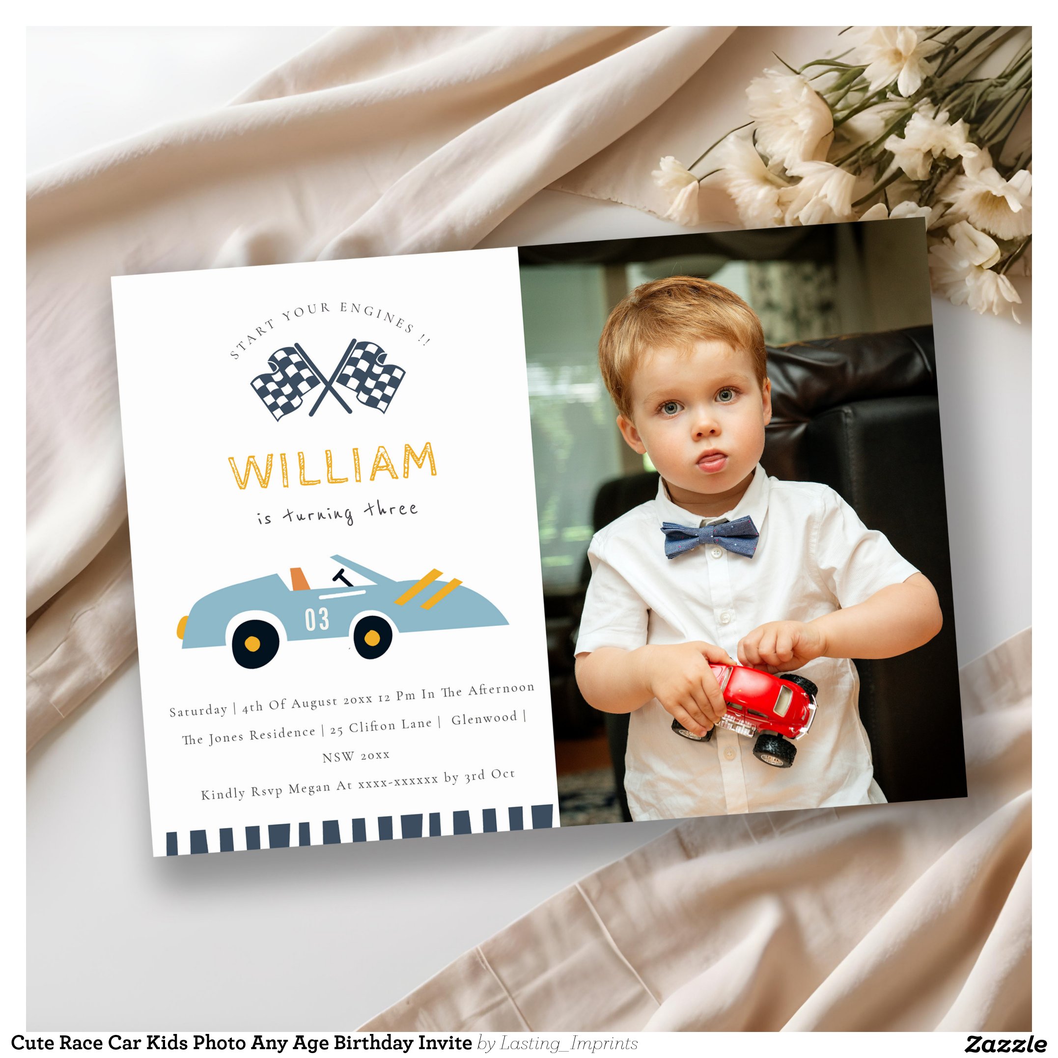 Cute Race Car Kids Photo Any Age Birthday Invite