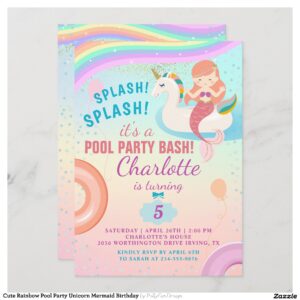 Cute Rainbow Pool Party Unicorn Mermaid Birthday Invitation