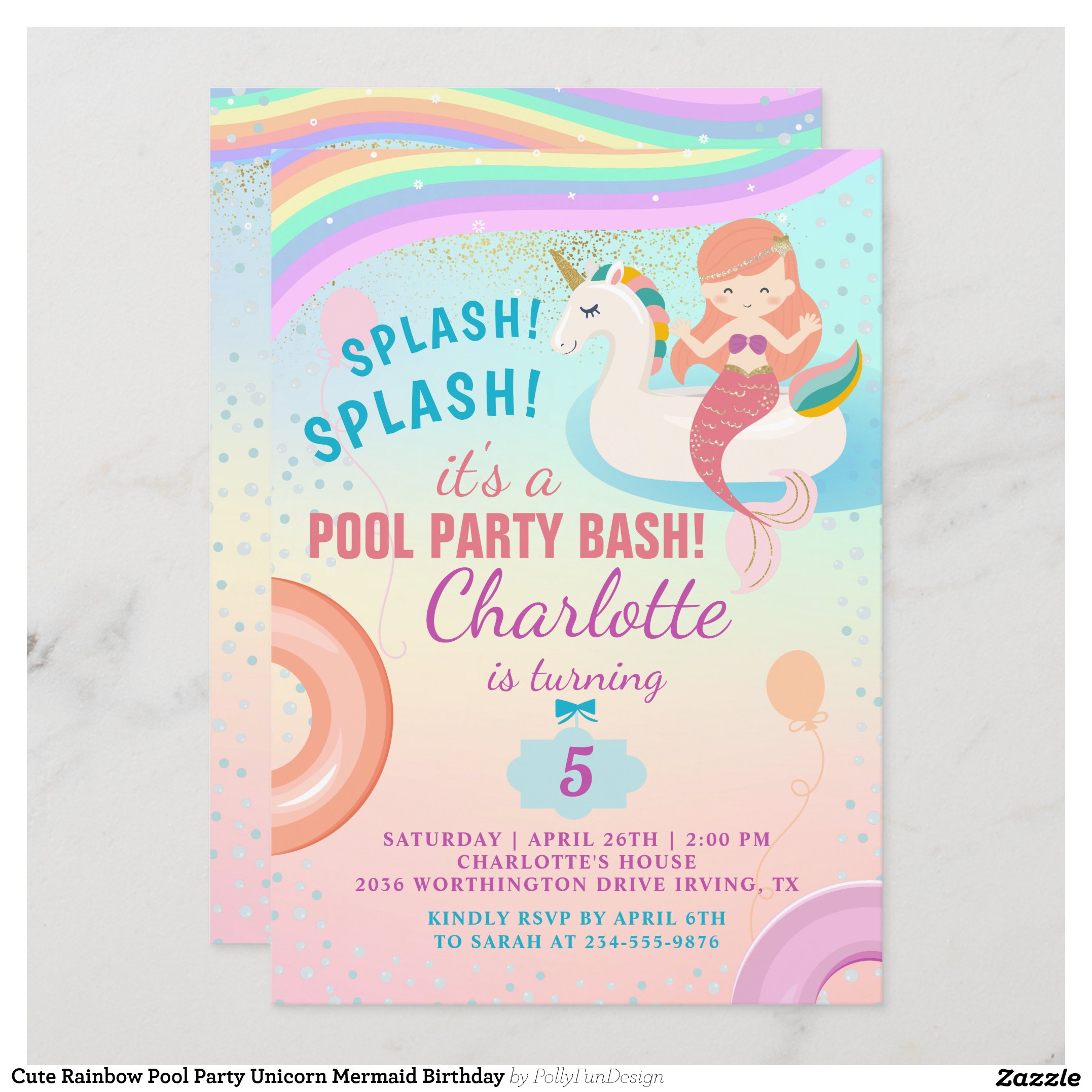 Cute Rainbow Pool Party Unicorn Mermaid Birthday Invitation