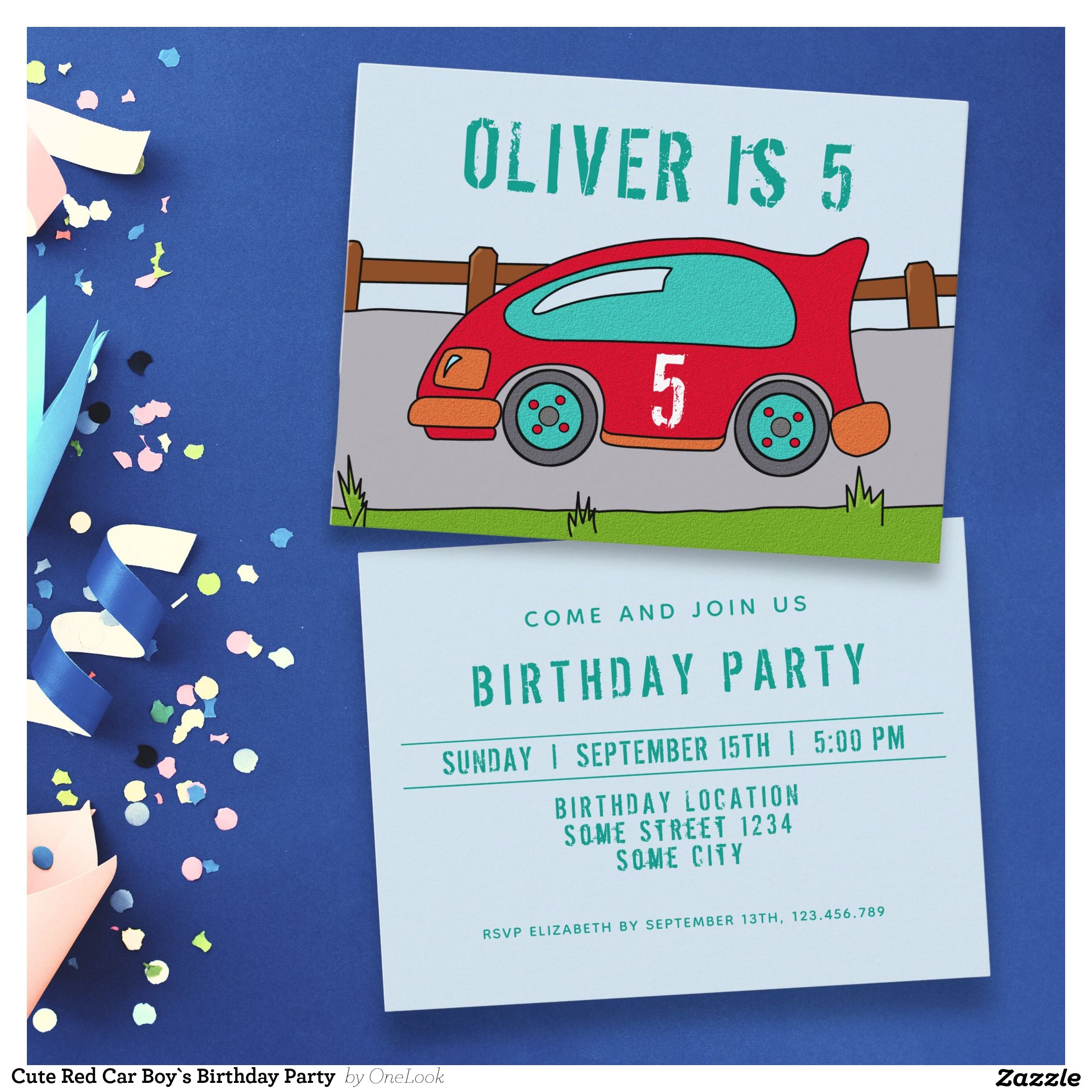 Cute Red Car Boy`s Birthday Party  Invitation Postcard
