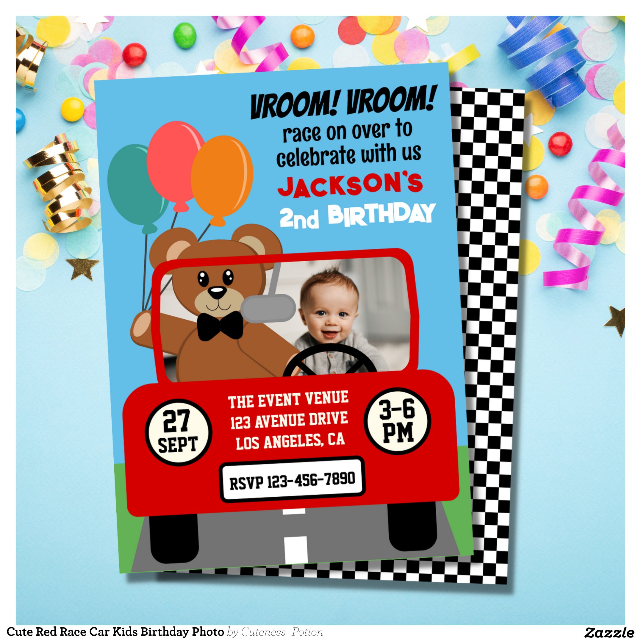 Cute Red Race Car Kids Birthday Photo Invitation