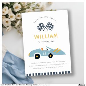 Cute Two Fast Race Car Blue 2nd Birthday Invite