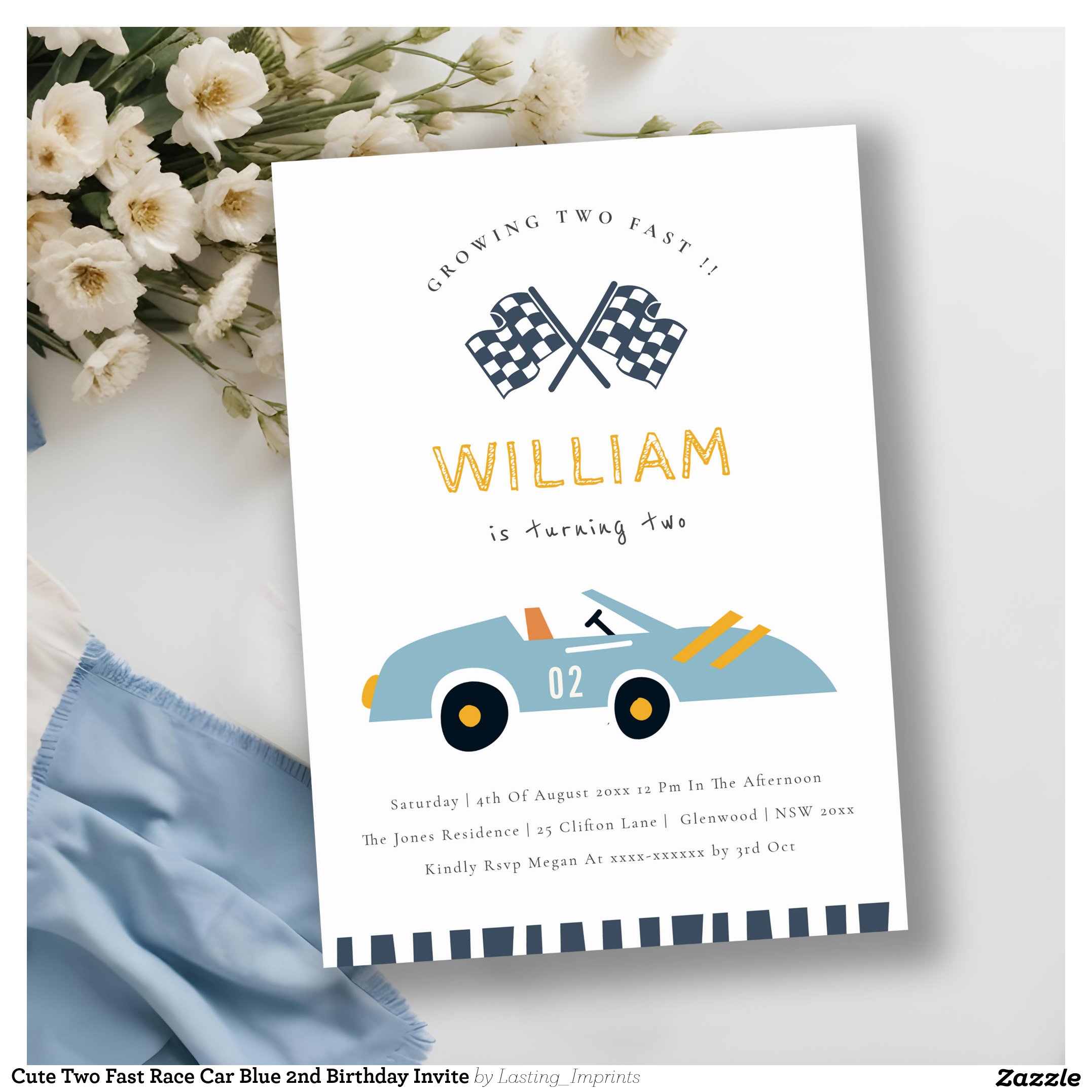 Cute Two Fast Race Car Blue 2nd Birthday Invite