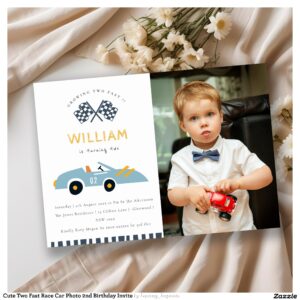 Cute Two Fast Race Car Photo 2nd Birthday Invite