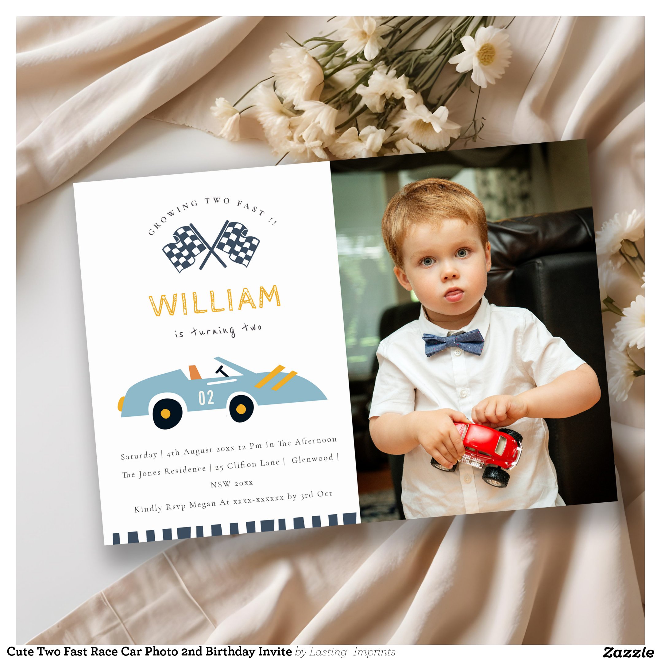 Cute Two Fast Race Car Photo 2nd Birthday Invite