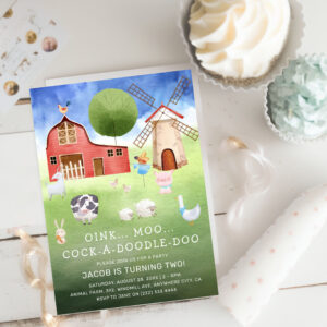 Cute Watercolor Farm Animals Kids Birthday Invitation