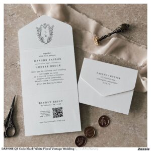 DAPHNE QR Code Black White Floral Vintage Wedding All In One Invitation
