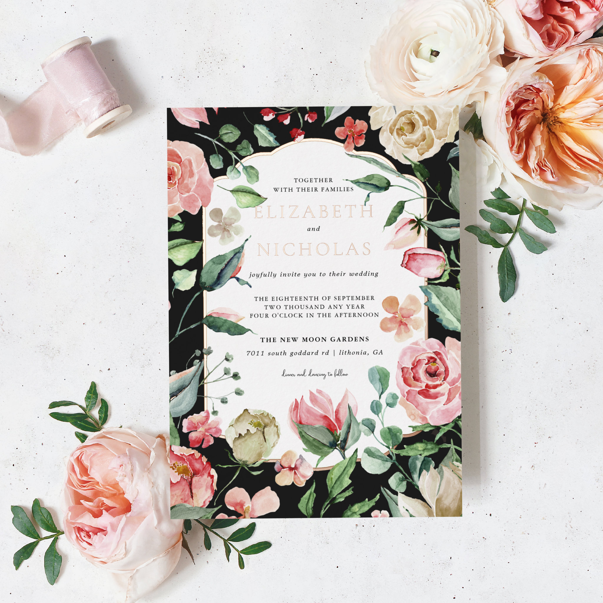 Dark Rose   Romantic Spring Florals Wedding Foil Invitation
