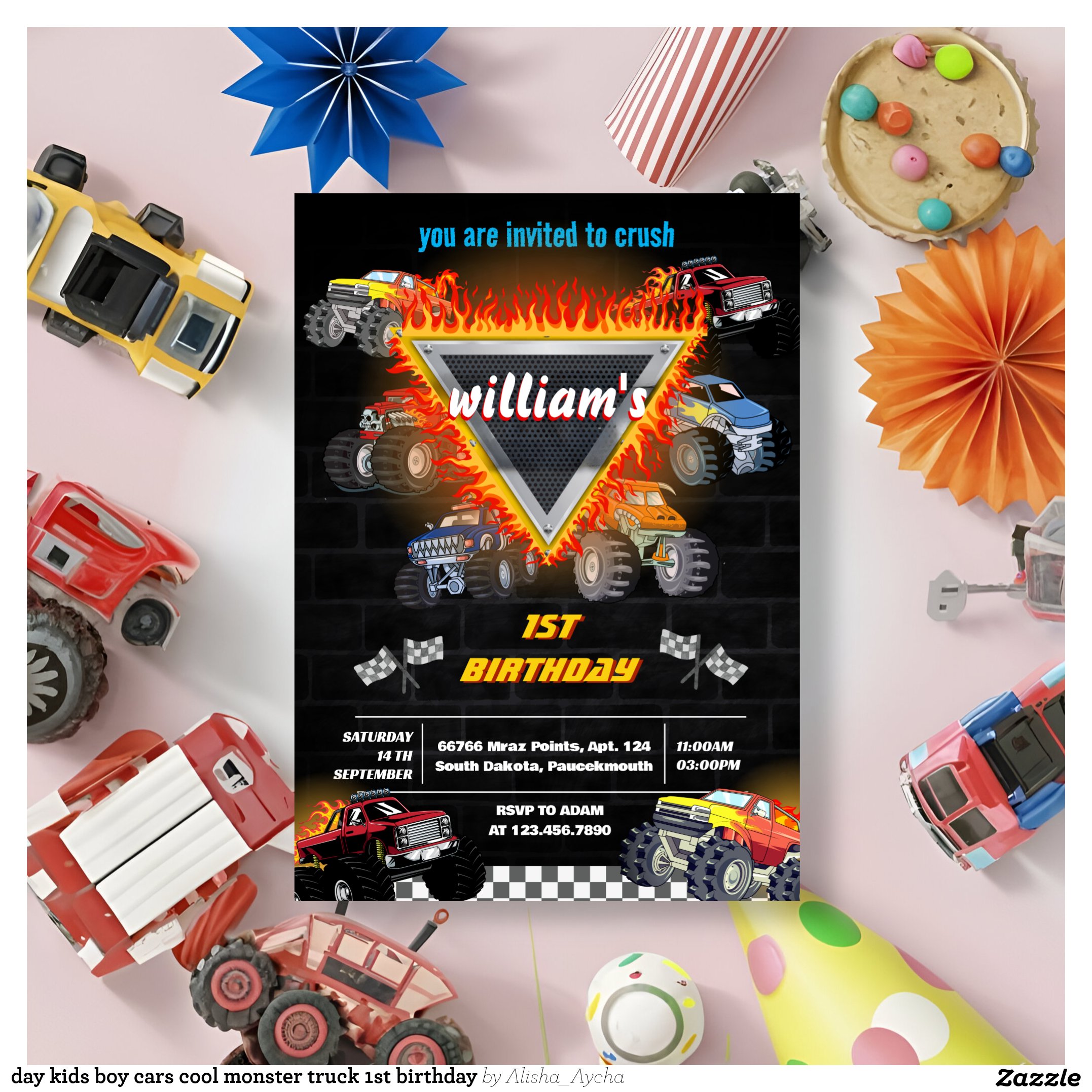 day kids boy cars cool monster truck 1st birthday invitation