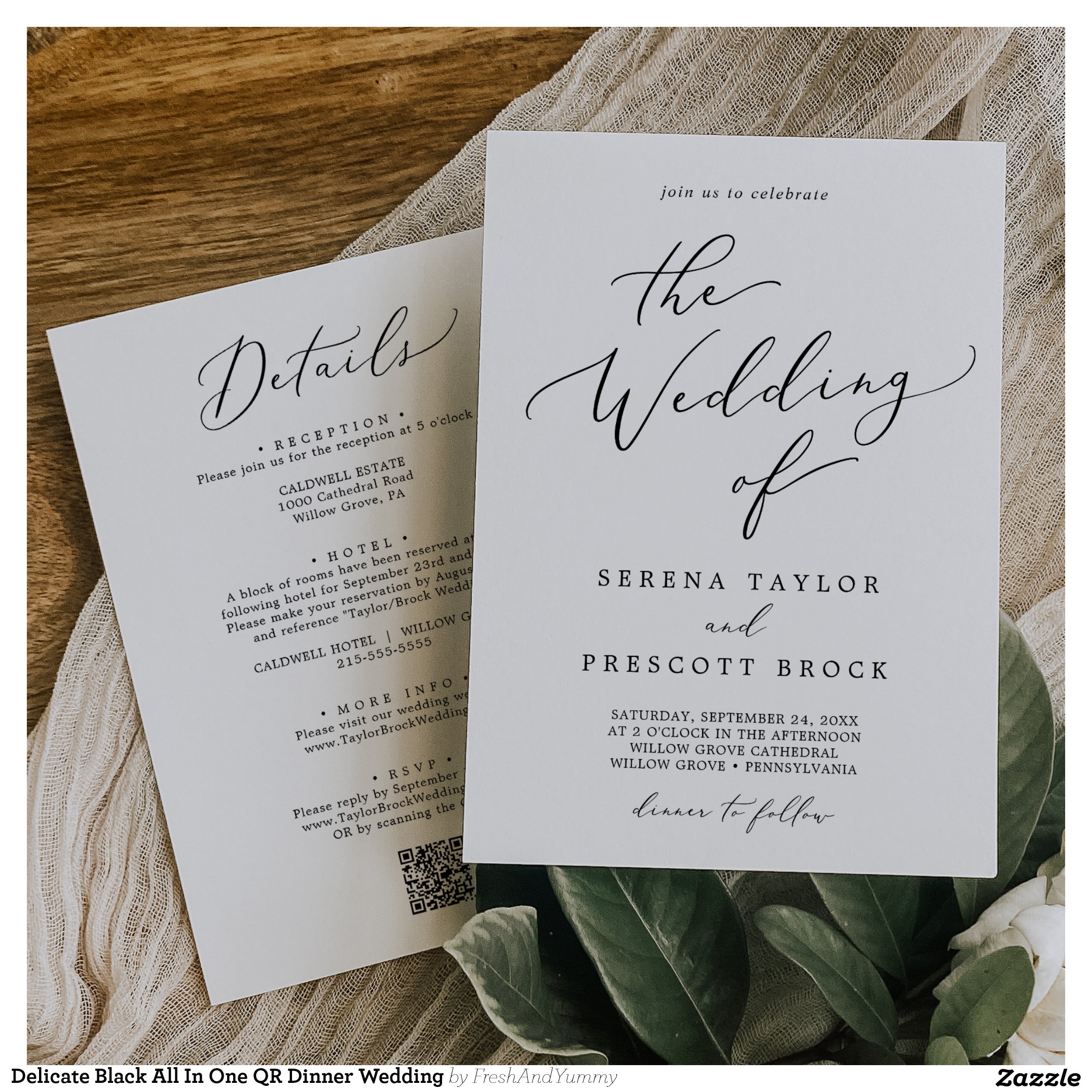 Delicate Black All In One QR Dinner Wedding Invitation