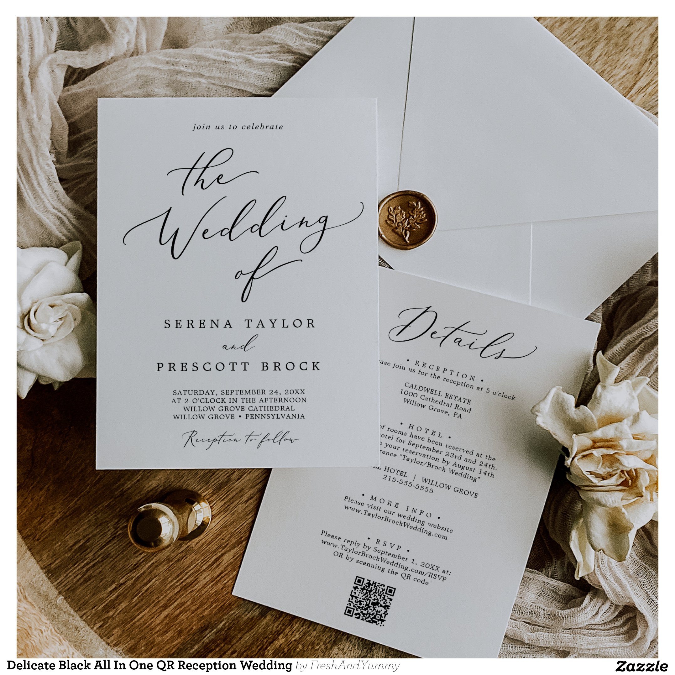 Delicate Black All In One QR Reception Wedding Invitation