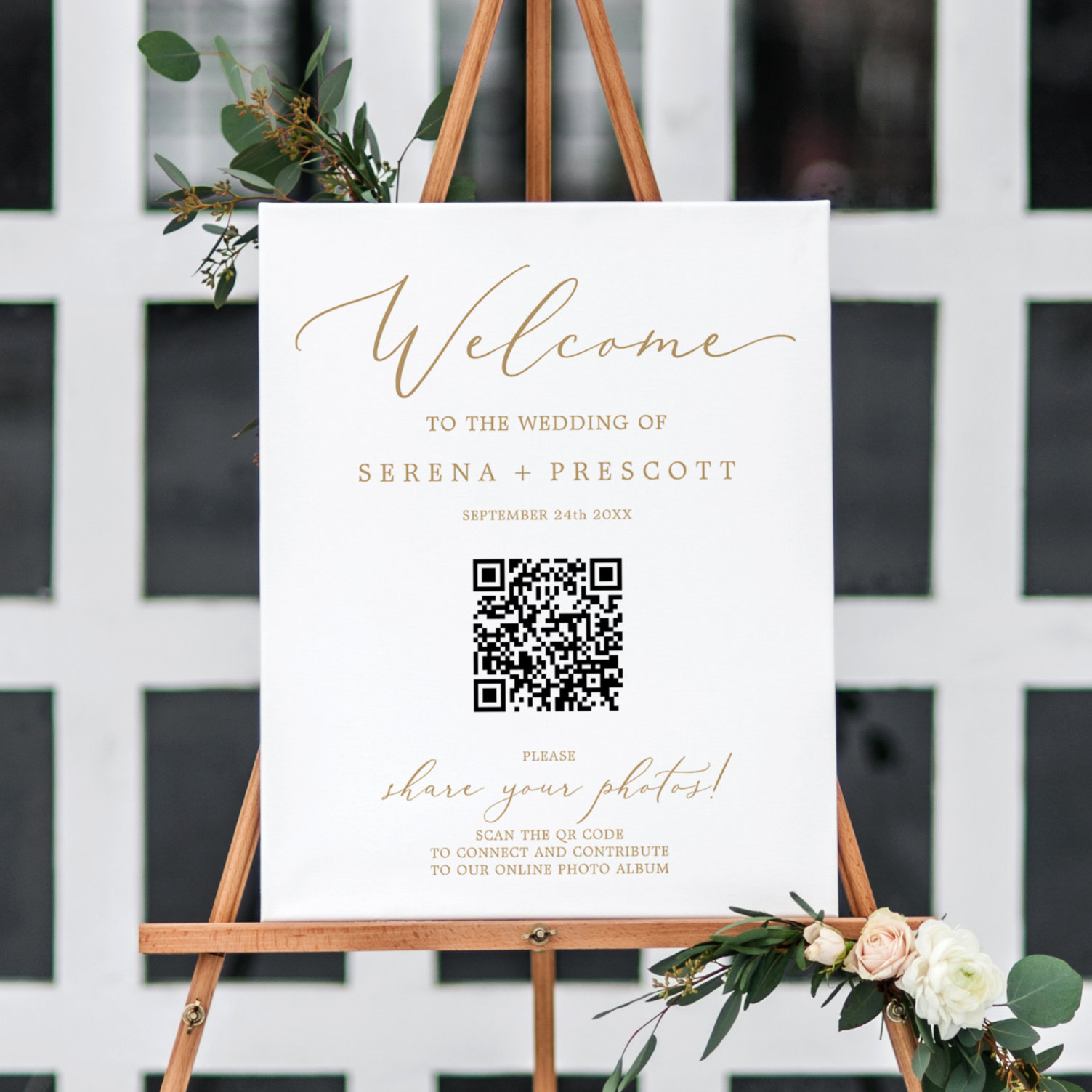 Delicate Gold Wedding Photo Album QR Code Welcome Foam Board