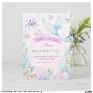 Delicate Purple Blue Photo Little Mermaid Birthday Invitation
