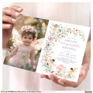 Delicate Wildflower Fairy First 1st Birthday Photo Invitation