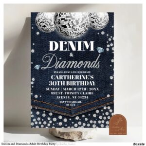 Denim and Diamonds Adult Birthday Party Invitation