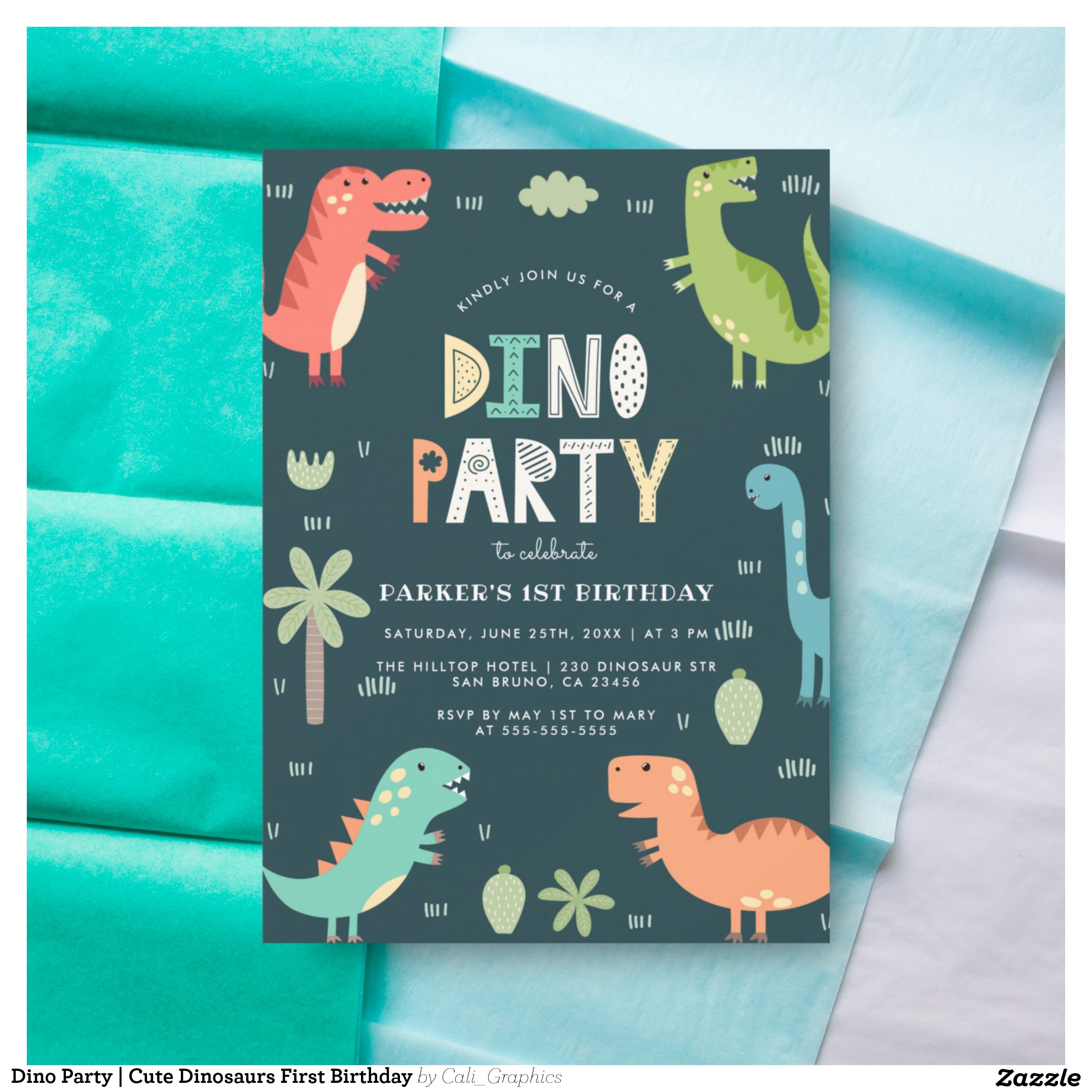Dino Party Cute Dinosaurs First Birthday Invitation