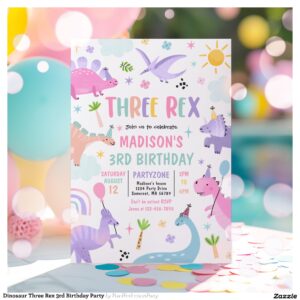 Dinosaur Three Rex 3rd Birthday Party Invitation