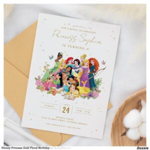 Disney Princess Gold Floral Birthday Invitation
