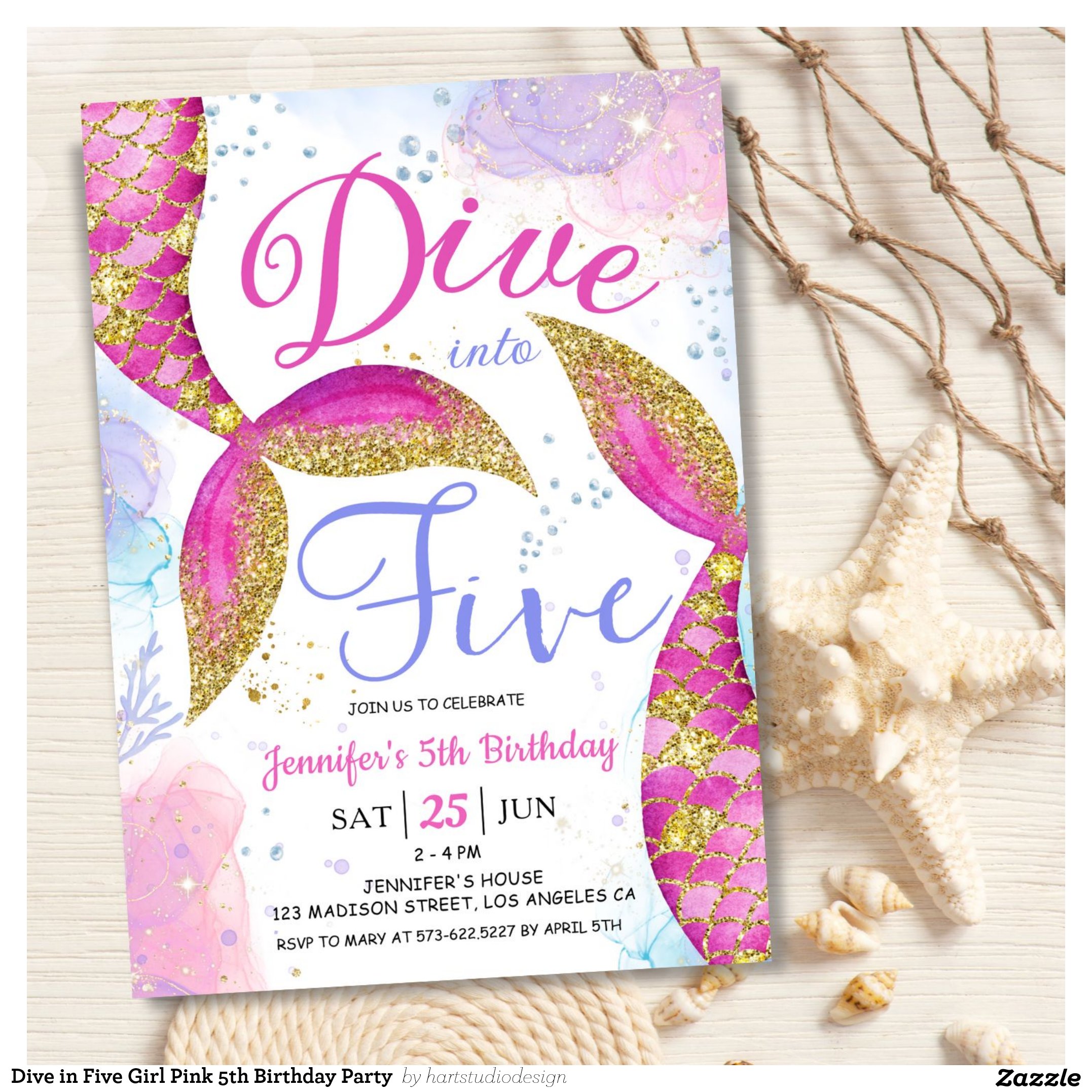 Dive in Five Girl Pink 5th Birthday Party  Invitation