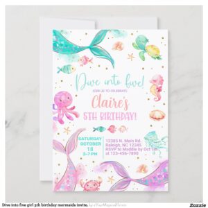 Dive into five girl 5th birthday mermaids invite. invitation
