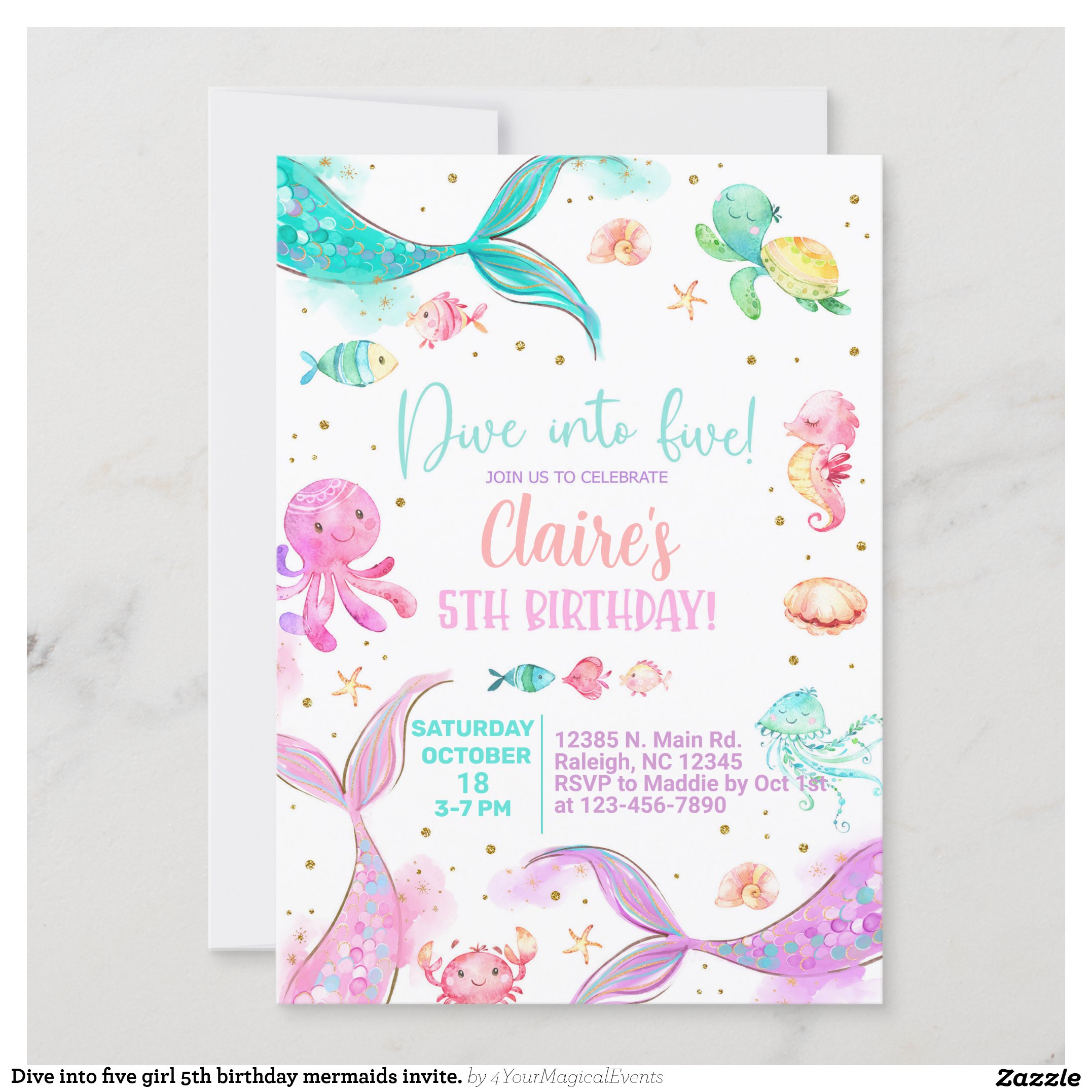 Dive into five girl 5th birthday mermaids invite. invitation