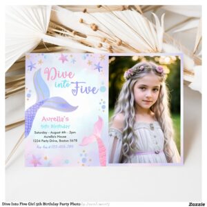 Dive Into Five Girl 5th Birthday Party Photo Invitation