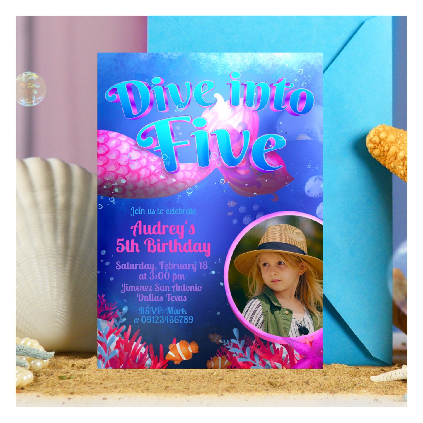 Dive into Five - Mermaid with Photo Invitation