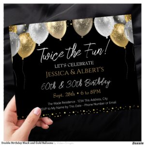 Double Birthday Black and Gold Balloons Invitation