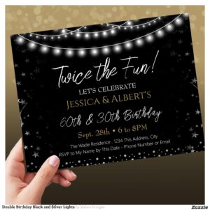 Double Birthday Black and Silver Lights Invitation