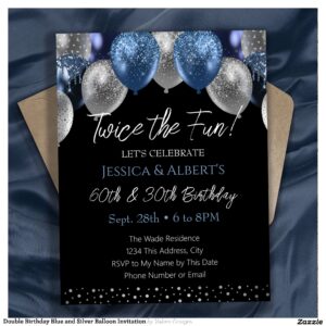 Double Birthday Blue and Silver Balloon Invitation