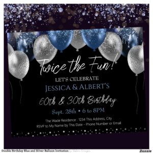 Double Birthday Blue and Silver Balloon Invitation