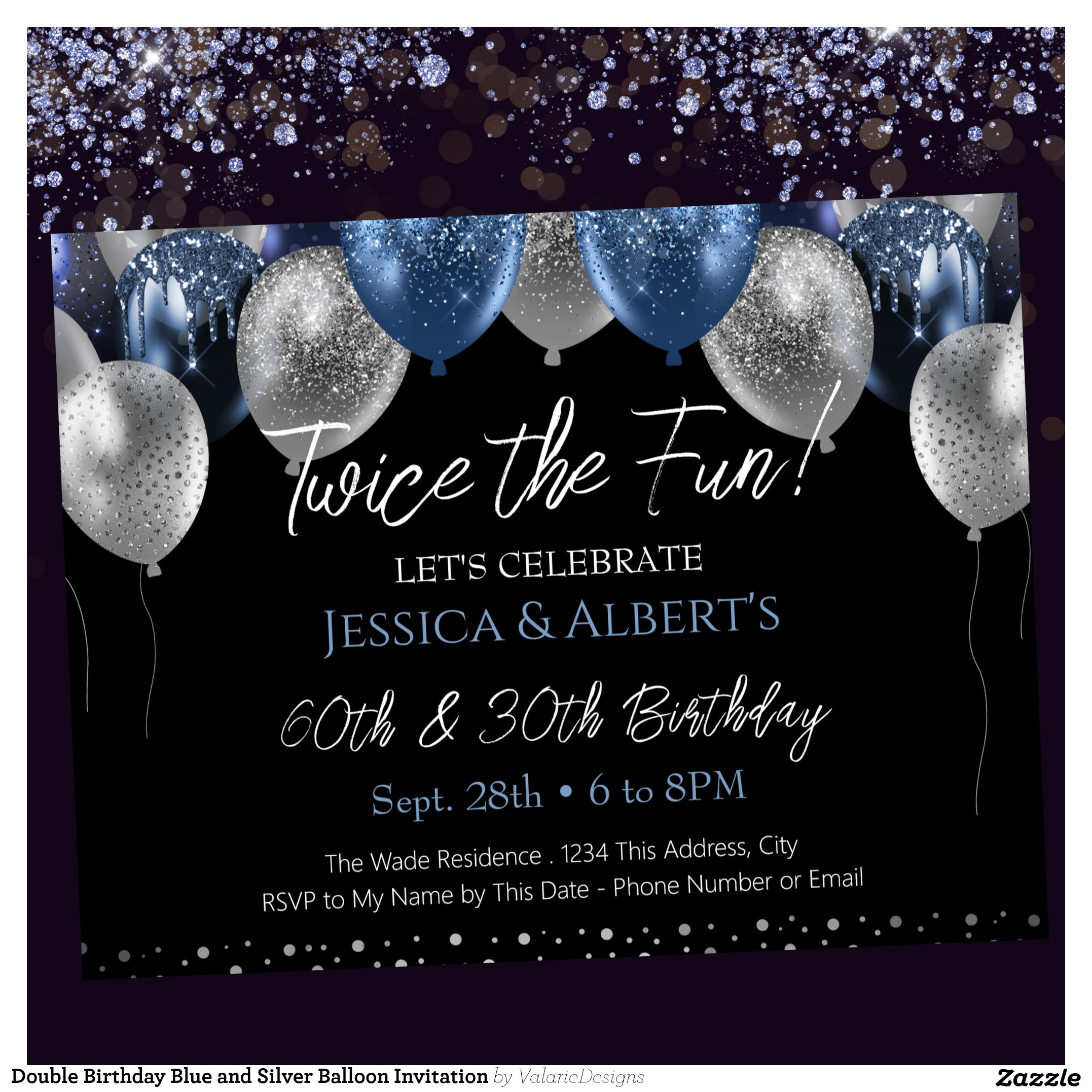 Double Birthday Blue and Silver Balloon Invitation