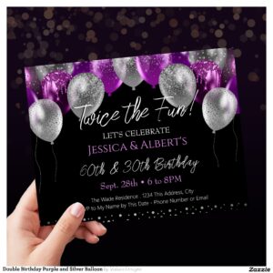 Double Birthday Purple and Silver Balloon Invitation