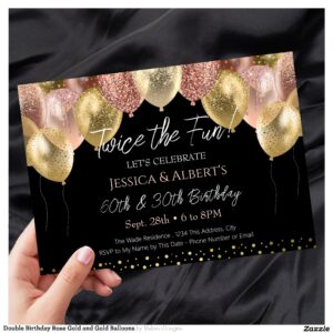 Double Birthday Rose Gold and Gold Balloons Invitation