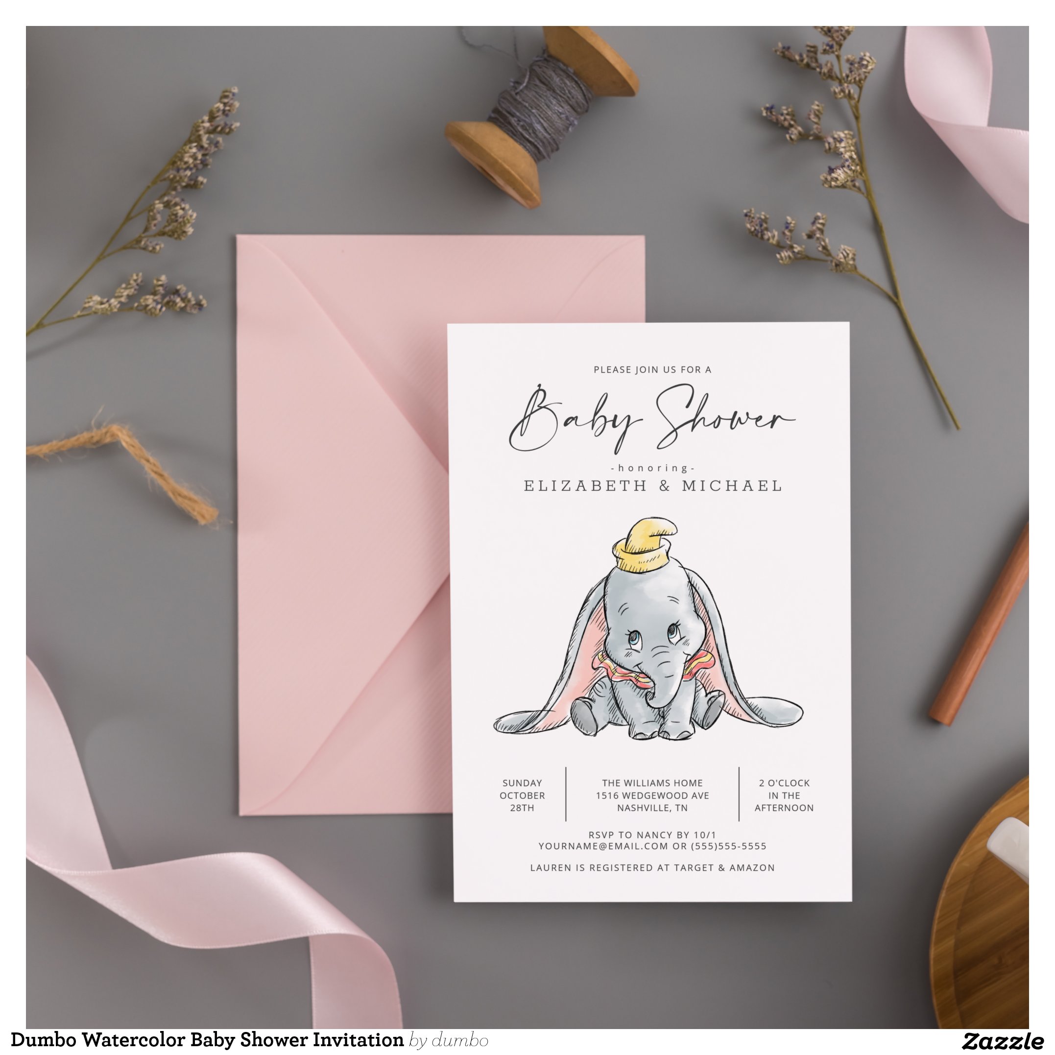 Dumbo Watercolor Baby Shower Invitation