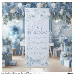 Dusty Blue Baby In Bloom Baby Shower Welcome Retractable Banner