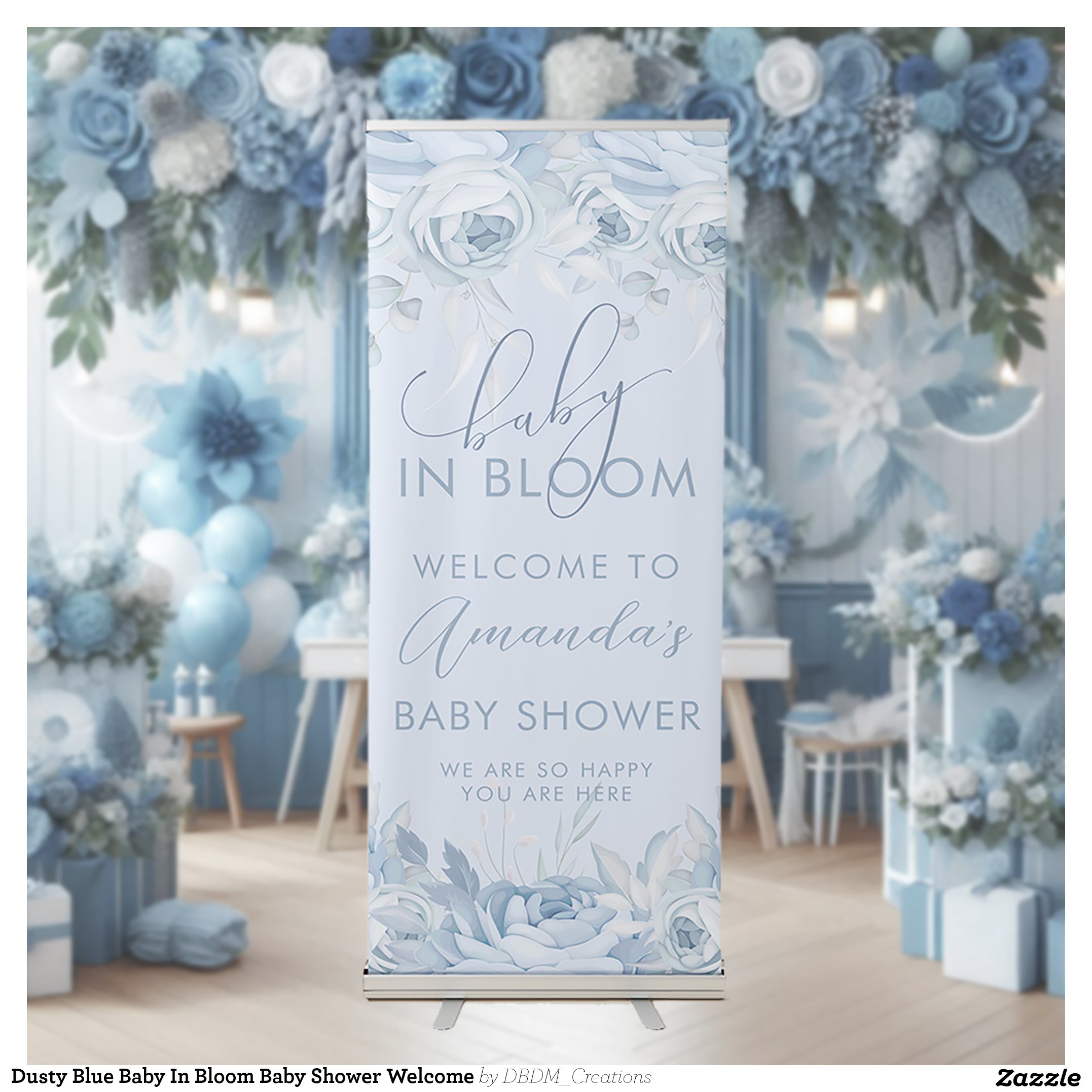 Dusty Blue Baby In Bloom Baby Shower Welcome Retractable Banner