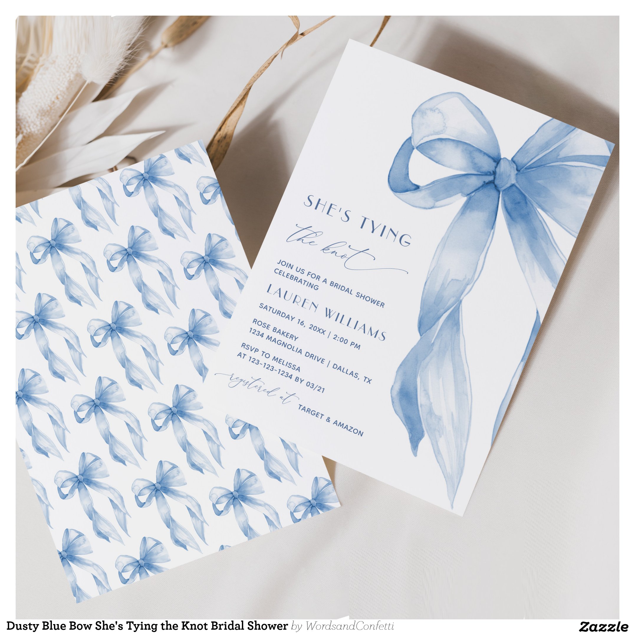 Dusty Blue Bow She's Tying the Knot Bridal Shower Invitation