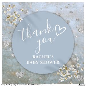 Dusty Blue Boy Baby Shower Script Heart Thank You Classic Round Sticker