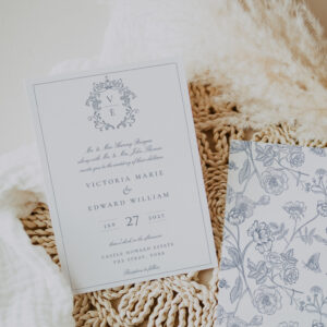 Dusty Blue Crest Monogram Wedding Invitation