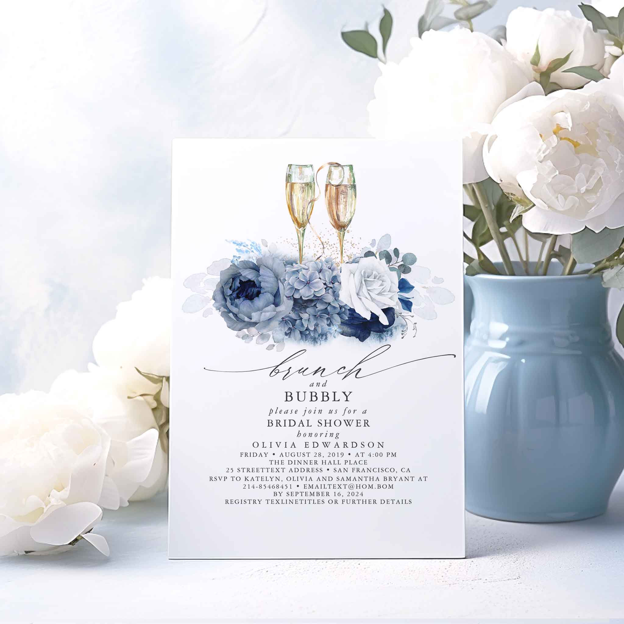 Dusty Blue Elegant Brunch and Bubbly Bridal Shower Invitation