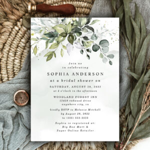 Dusty Blue Eucalyptus Greenery Boho Bridal Shower Invitation