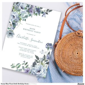 Dusty Blue Floral 80th Birthday Party Invitation
