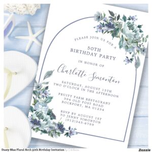 Dusty Blue Floral Arch 50th Birthday Invitation