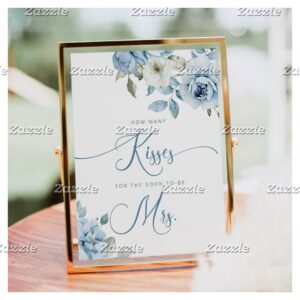 Dusty blue floral how many kisses bridal shower poster
