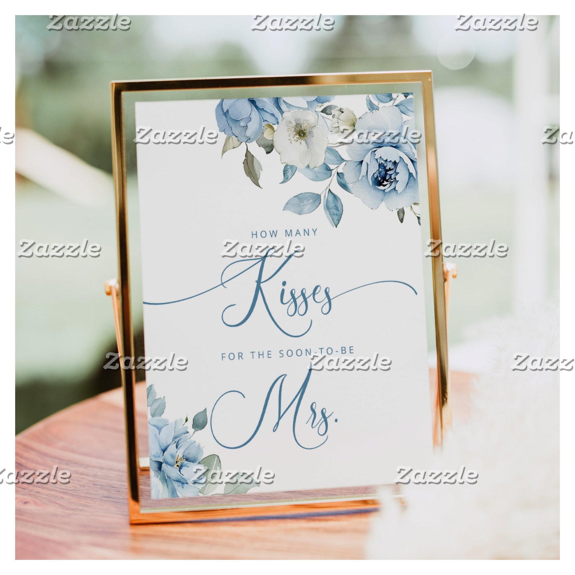 Dusty blue floral how many kisses bridal shower poster
