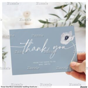 Dusty blue floral minimalist wedding thank you card