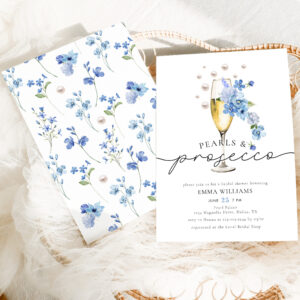 Dusty Blue Floral Pearls & Prosecco Bridal Shower Invitation