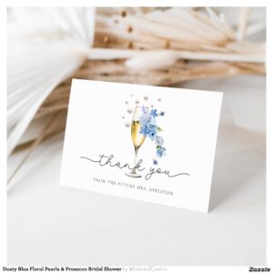 Dusty Blue Floral Pearls & Prosecco Bridal Shower Thank You Card