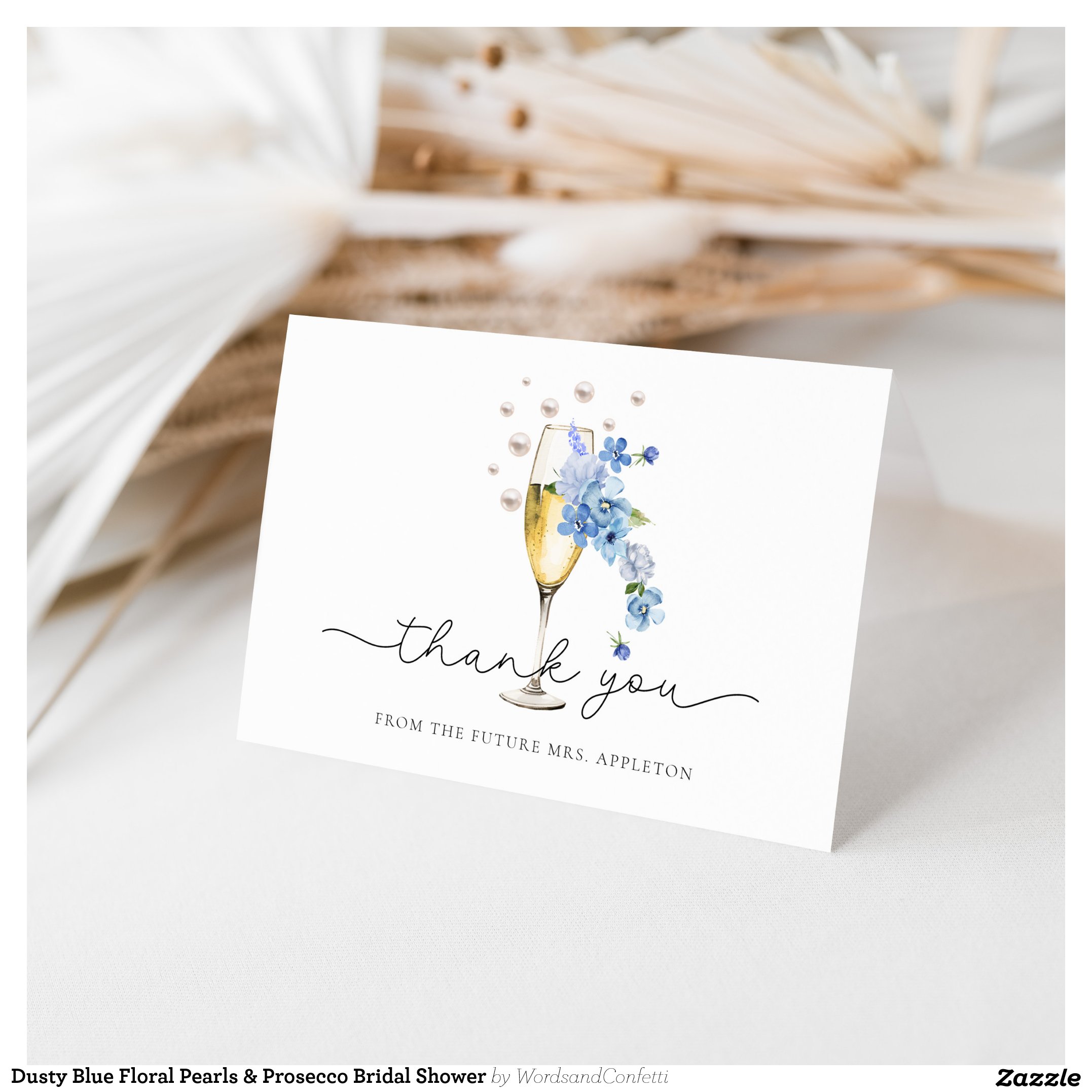 Dusty Blue Floral Pearls & Prosecco Bridal Shower Thank You Card